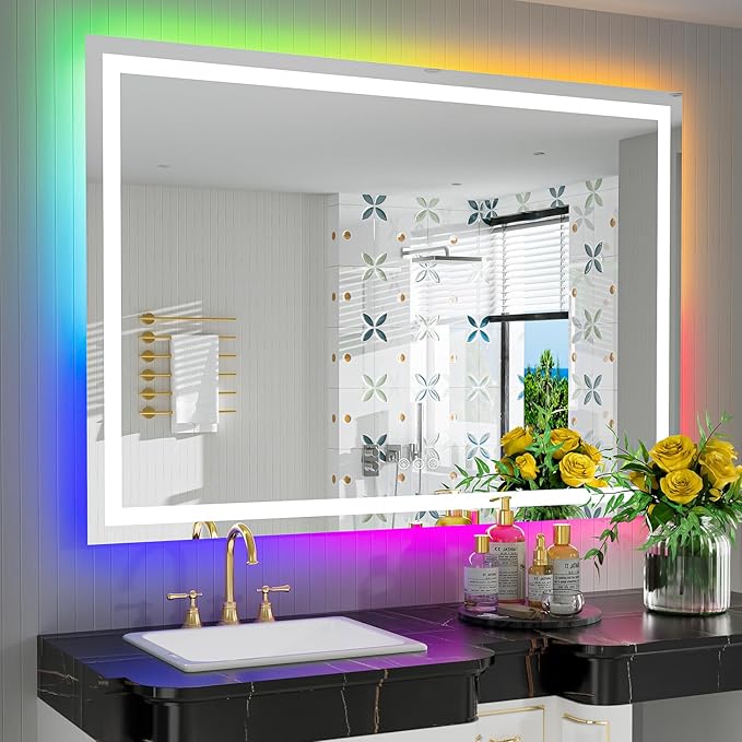 51x40 Inch RGB LED Bathroom Mirror Front Light and RGB Backlit Lighted Vanity Mirror for Bathroom Wall Mounted Dimmable Anti Fog Memory Shatter-Proof IP54 Waterproof Horizontal/Vertical
