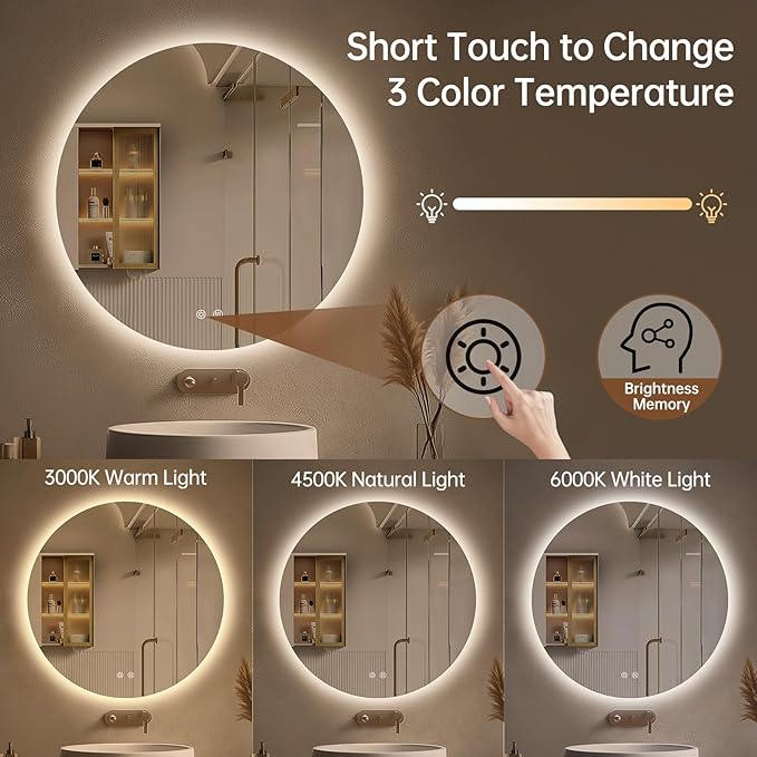 LOVESPEJO 30 Inch Round Backlit Bathroom Mirror with Lights, Circle LED Mirror for Bathroom, Fogless, Stepless Dimmable, 3 Color Changing, Memory, IP54, Shatter-Proof
