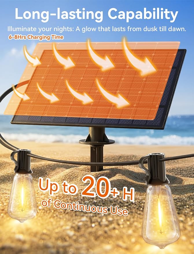 Brightever 150FT Solar String Lights Outdoor Waterproof with Remot, 55+2 Shatterproof ST38 LED Bulbs, Dimmable & 3 Lighting Modes, Warm White Solar Patio Lights for Balcony, Deck, Wedding