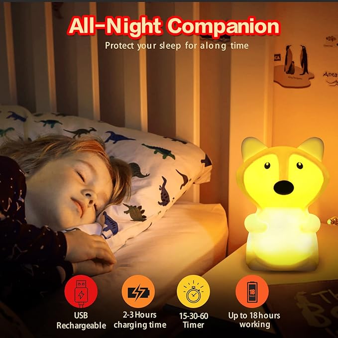 WHA&DARREN Fox Night Light for Kids, Portable, Baby Lights, Rechargeable Silicone Baby Night Light, Girls and Boys Animal Lamp, Kawaii Lamp