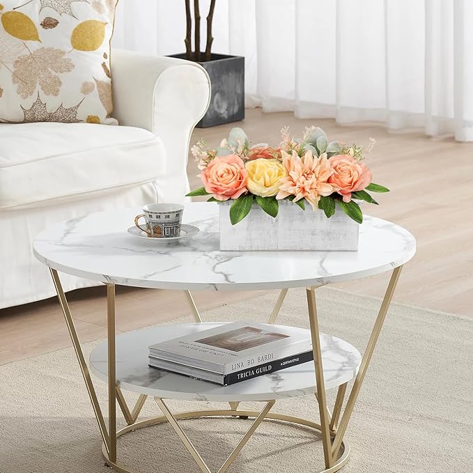 DILATATA Flower Arrangement with Wooden Vase 10" Artificial Flowers in Pot - Fake Flowers in White Rectangular Wooden Vase Potted Faux Flower Centerpieces for Table Decor Living Room - Orange