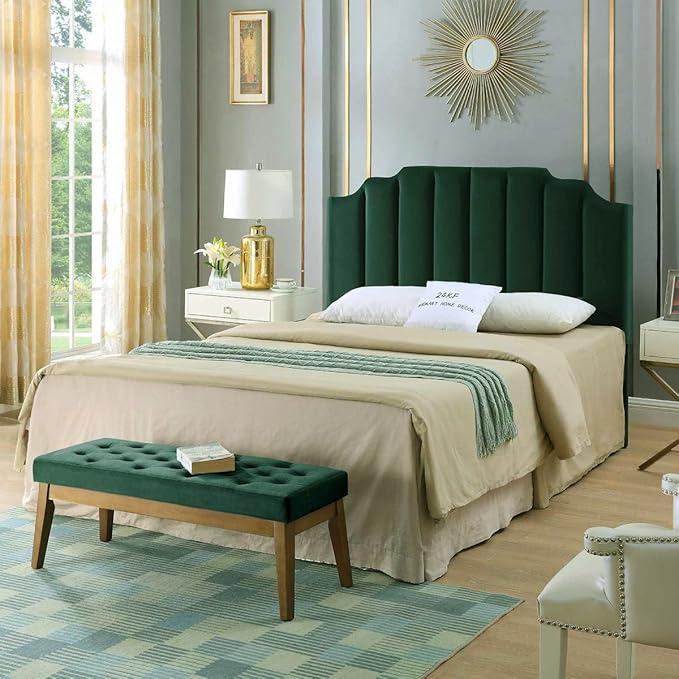 24KF Jade Velvet Tufted Queen Upholstered Headboard, Modern Vertical Channel Design California Queen/Full Headboard with Stepped Silhouette Top Edge,Jade