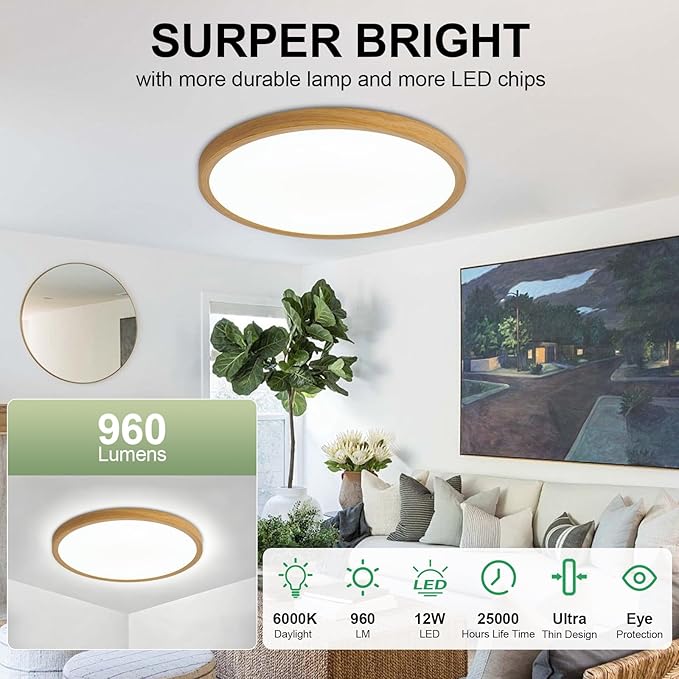 LED Flush Mount Ceiling Light: 7 inch 1Pack Super Slim Dimmable & 5CCT (2700-6500K) Kitchen Lighting Fixtures Ceiling - 12W Wooden Low Profile Ceiling Lamp for Bedroom Garage Hallway