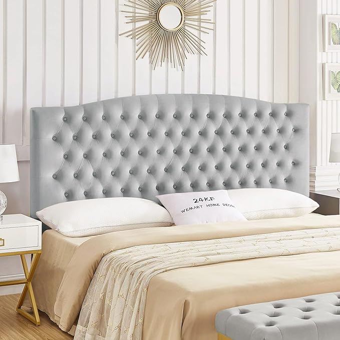 24KF Upholstered Tufted Button Velvet Headboard,Comfortable Fashional Headboard King/CA King Size,Gray