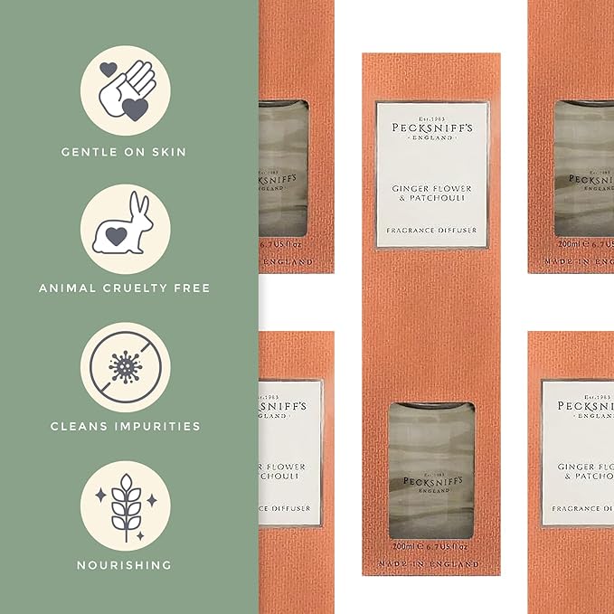 Pecksniff's Classic 200 ml/6.7 fl oz Reed Diffuser Set | Luxurious Gingerflower & Patchouli Fragrance Diffuser Scents for Home and Office