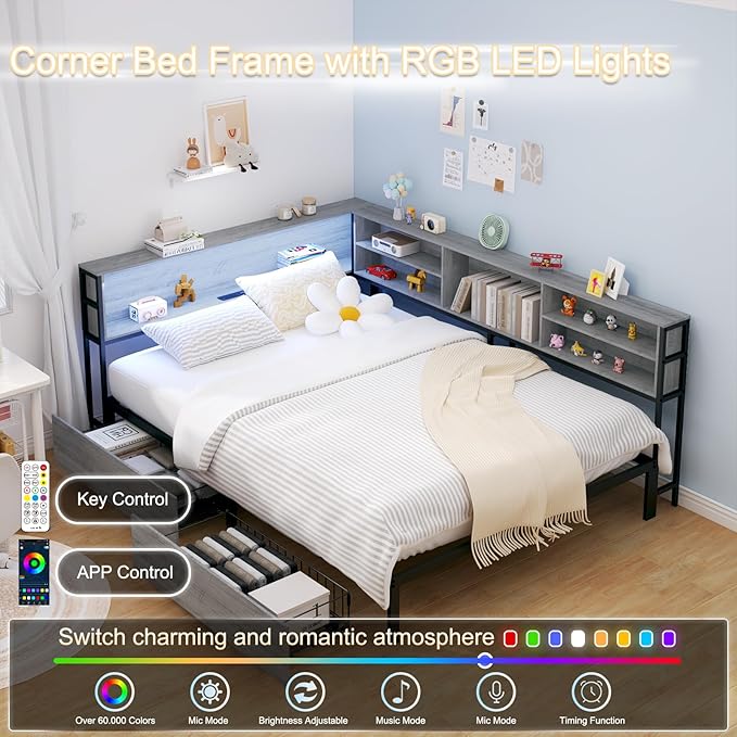 Corner Bed Frame Full with Storage, L Shaped Daybed for Kids,Full Corner Bed with Drawers, Shelves, RGB LED Lights & Charging Station, Sturdy Metal Kids Full Bed for Girls Boys,Gray