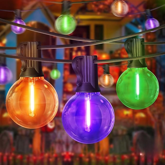 LAMPHOME Globe Outdoor Halloween String Lights, 4 Pack 26FT Patio Lights with 12+1 Edison Shatterproof Bulbs, Connectable Dimmable Waterproof for Backyard Porch Halloween Decor, Orange Green Purple