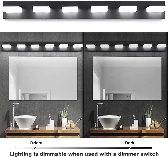 3 Colors Dimmable Bathroom Light Fixtures Over Mirror, LED Black Vanity Lights, Acrylic Stainless Steel 6 Light Bathroom Vanity Light Fixtures, Adjustable 3000K/4000K/6000K, 360° Rotate
