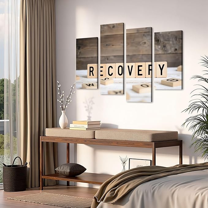 Canvas Wall Art Prints Pictures Recovery from wooden letters Framed Posters Modern Wall Painting Artwork Gift Home Decor for Living Room Ready to Hang 4 Panel