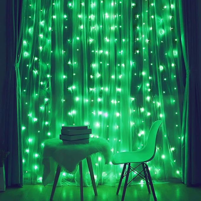 HEYFUNi 9.8 x 9.8ft Green Curtain Lights - 304 LED Hanging Fairy Lights for St. Patrick’s Day Decorations, 8 Modes Waterproof Window String Lights with Memory, Green Backdrop for Party Bedroom Wall