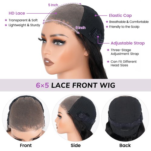 Looxey 6x5 Lace Front Wig Human Hair Wig for Women 210% Density Body Wave Wear and Go Glueless Wigs Pre Plucked Pre Cut Lace Wigs Pre Bleached Tiny Knots Wig 22 Inch