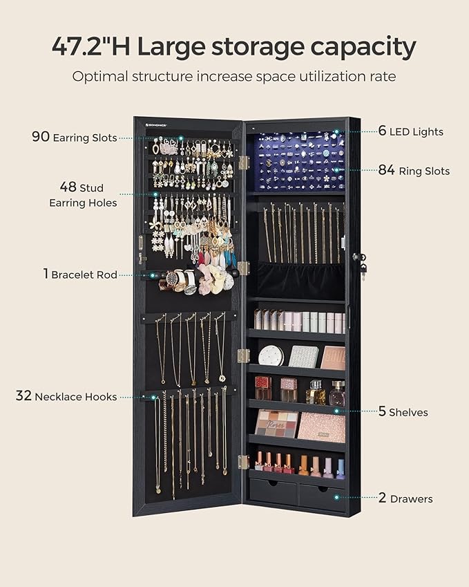 SONGMICS 6 LEDs Mirror Jewelry Cabinet, 47.2-Inch Tall Lockable Wall or Door Mounted Jewelry Armoire Organizer with Mirror, 2 Drawers, Christmas Gift, 3.9 x 14.6 x 47.2 Inches, Black