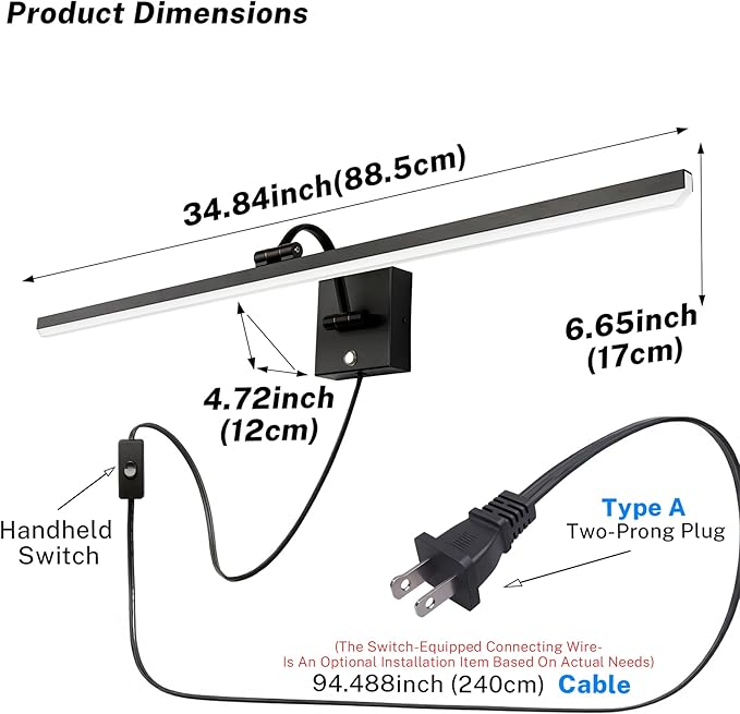 OSYNNIQ Bathroom Vanity Light, 34″ Wall Picture Art Modern Lighting Fixture Over Mirror Dimmable 16W 5000K LED Bar Rotatable Black Waterproof IP44 Wall Sconce for Makeup Shaving