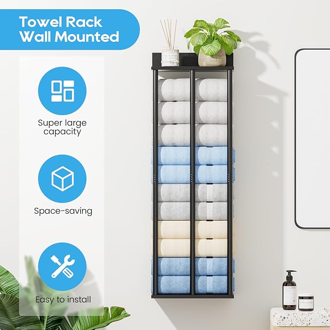 Towel Racks for Bathroom Wall Mounted with Wooden Storage Shelf, Updated 3 Bar Metal Towel Holder for Rolled Towels, Sturdy and Large Capacity, Towel Storage Organizer-Black