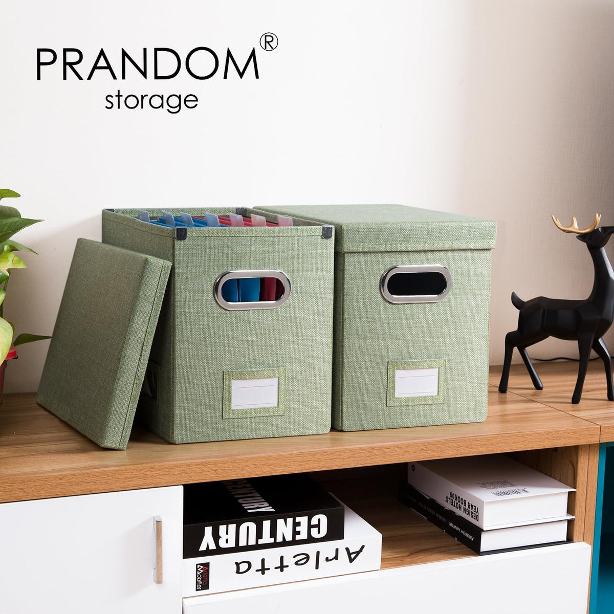PRANDOM File Organizer Box - Set of 4 Collapsible Decorative Linen Filing Storage Hanging File Folders with Lids Office Cabinet Letter Size Green (14x9.3x10.8 inch)