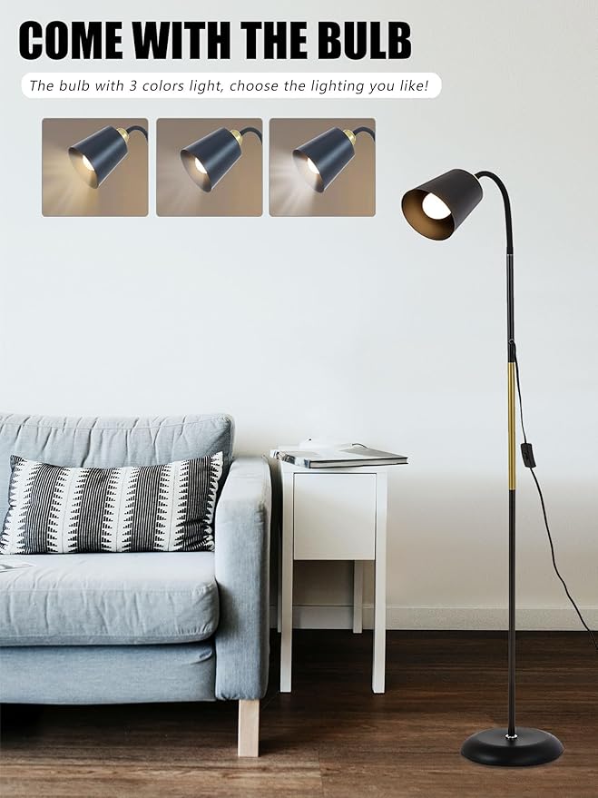 AoMck Floor Reading Lamp, Industrial Metal Floor Lamps for Living Room with Adjustable Bendable, 2 in 1 Reading Table Lamps for Living Room Bedroom Office, 12W Bulb Included (Black)