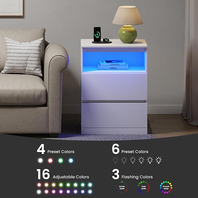 Nightstand with Charging Station and LED Light, 26" H with Hidden Drawer, 3 Drawers, Modern Night Stand for Bedroom, White