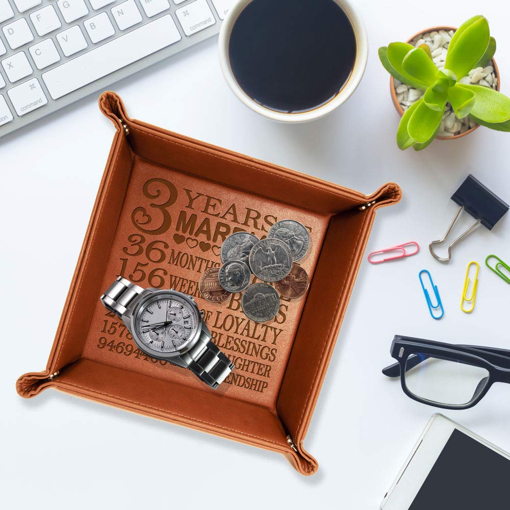 Kate Posh - 3 Years of Marriage Engraved Leather Catchall Valet Tray, Our 3rd Wedding Anniversary, 3 Years as Husband & Wife, Gifts for Her, for Him, for Couples (Rawhide)