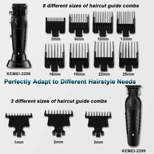 KEMEI Black Professional Hair Clippers and Trimmers Set, Electric Hair Clippers for Men, Cordless Barber Clippers, T Blade Trimmer, Rechargeable Haircut Fade Clippers