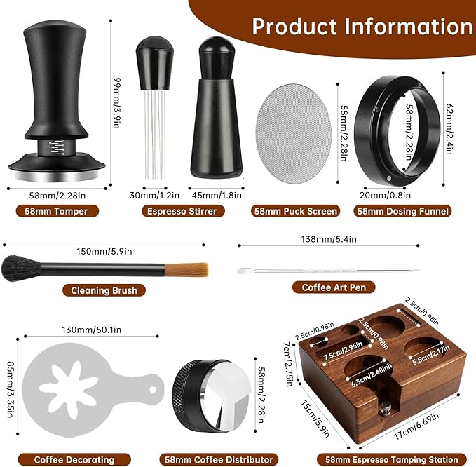 9 Pcs Espresso Accessories Kit, 58mm Espresso Tamper Tools, with Wooden Espresso Tamping Station, Distributor, Stirrer, Dosing Funnel,Puck Screen, Brush, Latte Art Pen and Decorative Stencils