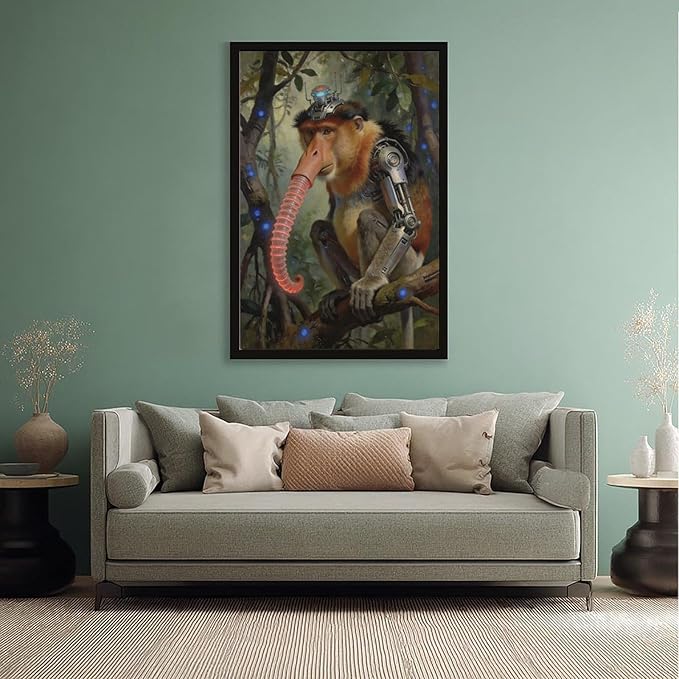 Framed Steampunk Mechanical Proboscis Monkey Wall Art - Jungle Neon Retro Poster for Apartment Leisure Area Decor 24x36in