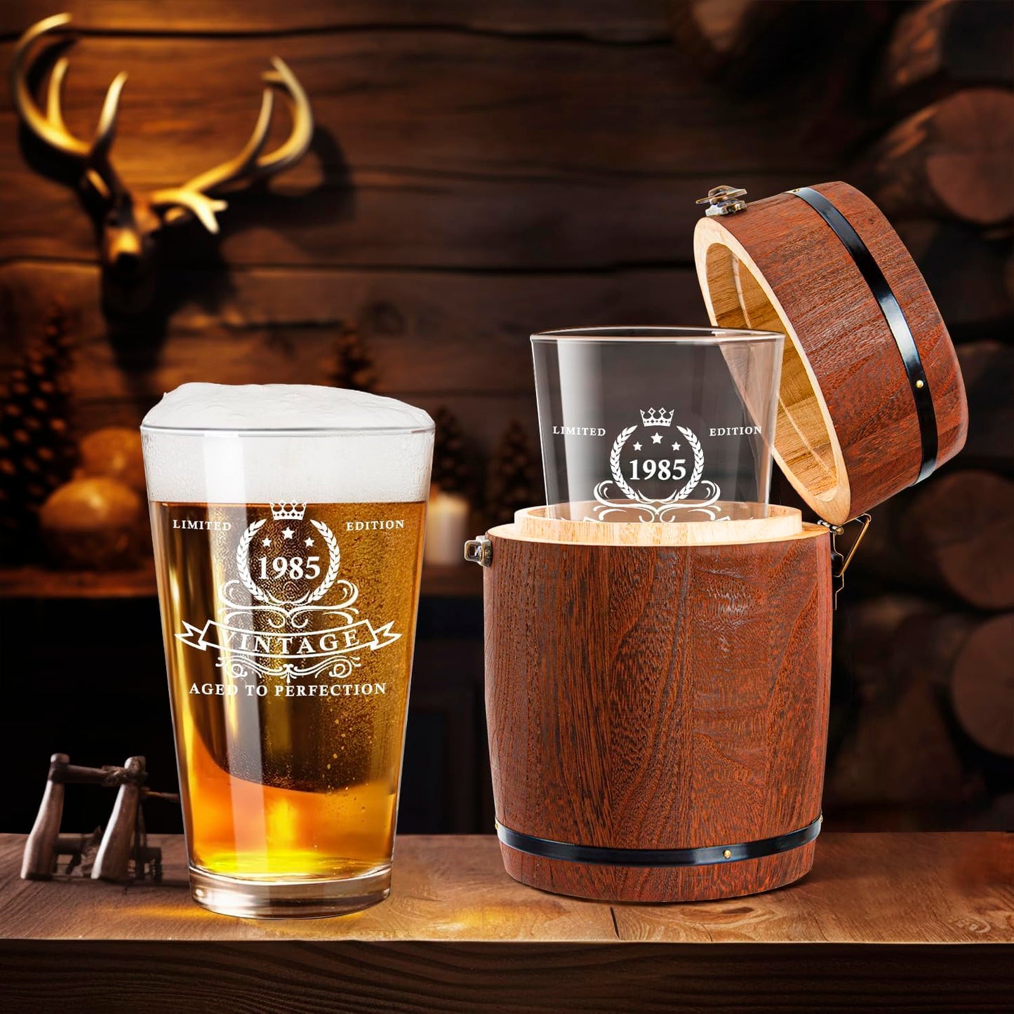 LIGHTEN LIFE 40th Birthday Gifts for Men 16oz,1985 Beer Glass in Barrel Box,40th Birthday Beer Glass,40th Birthday Gift Ideas,1985 Pint Glass for 40 Years Old Dad,Husband,40th Beer Glass