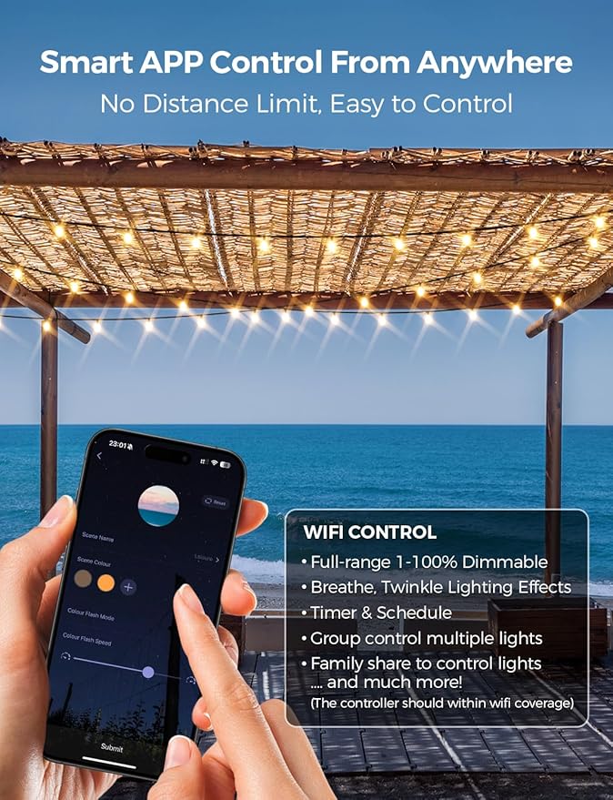 XMCOSY+ Smart Outdoor String Lights, 75Ft G40 Globe Patio Lights with 34 Dimmable LED Bulbs, WiFi & APP Control, Work with Alexa, Extendable Waterproof LED String Lights for Outside, Porch, Backyard