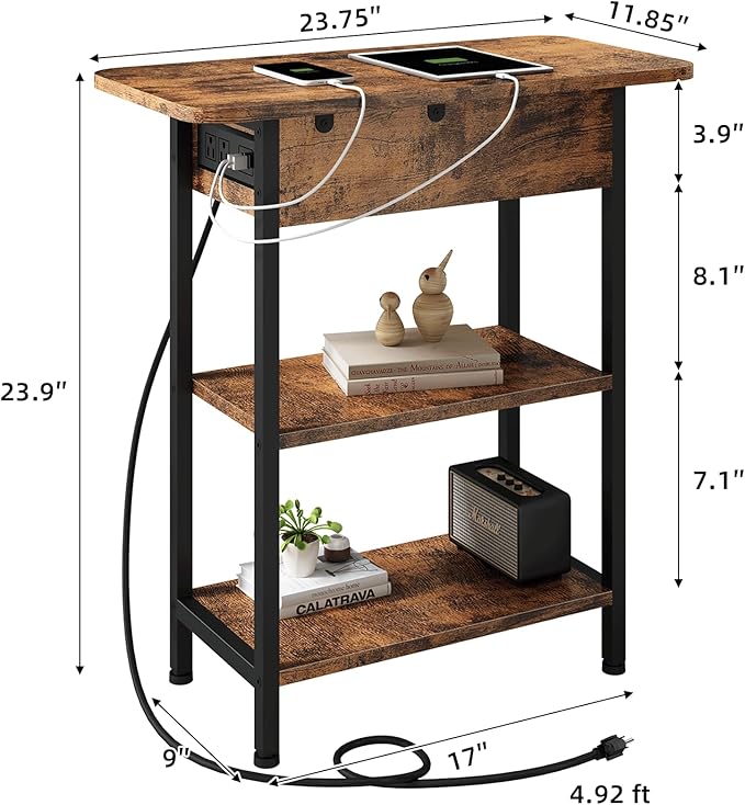 LIDYUK End Table with Charging Station, Flip Top Side Table with USB Ports and Outlets, Nightstand for Small Spaces, Bedside Tables with Storage Shelf for Living Room, Bedroom, Brown
