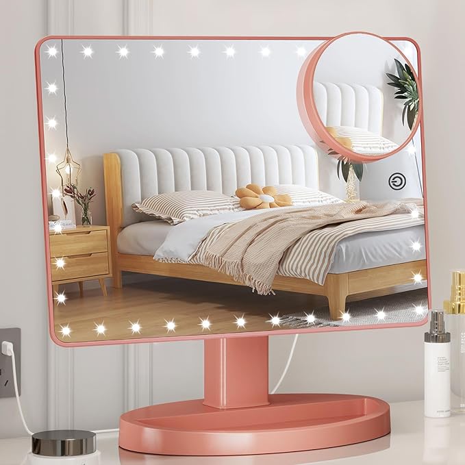 FUNTOUCH Large Lighted Makeup Mirror with Lights, Light Up Mirror with Small 10x Magnification for Desk, 360°Rotation Touch Screen,Brightness Adjustable Tabletop Cosmetic Vanity Make Up Mirror