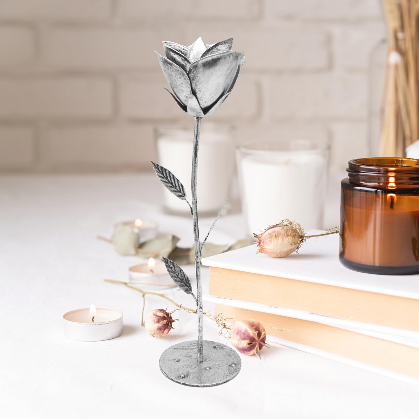 10 Year Gifts Anniversary Tin Wedding Gifts Ten Year for Him Her, 10 Years Anniversary Wedding Unique Gifts Ideas for Wife Couple Silver Metal Rose with Base (Silver)