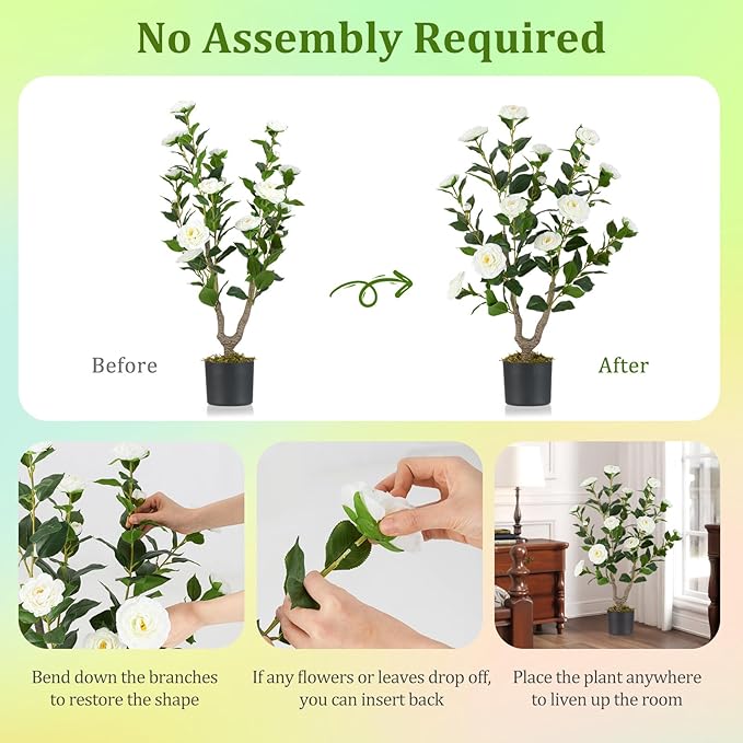 GOFLAME 3FT Artificial Camellia Tree, 2 Pack Faux Camellia Plant with White Flowers, Solid Wood Trunk, Realistic Moss, Greenery Potted Decoration Tree for Indoor Outdoor Home Porch Front Door