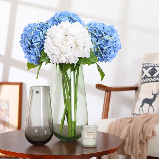 Nubry 22.44In White Hydrangea Artificial Flowers,4Pcs Latex Faux Real Touch Large Hydrangea Flowers with Long Stems & Leaves for Home Office Decor Wedding Party Arrangements(White)