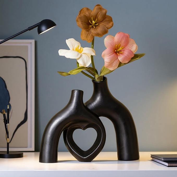 Hug Donut Ceramic Decorative Vase Set, Snuggle Hollow Modern Nordic Boho Style Vases for Home Decor Living Room Shelf Bookshelf Mantle Entryway Table Console Décor (Matte Black)