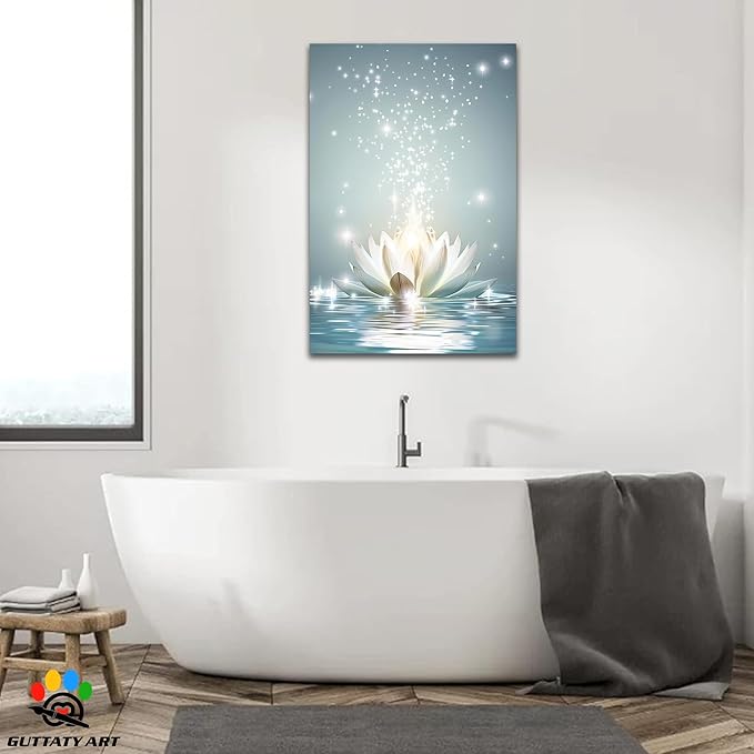 Zen White Lotus Flower Canvas Wall Art, Lotus Flower Pictures Bathroom Zen Print, Spiritual Water Lily Canvas Prints, Lotus Bloom on Water Poster, Zen Calm Relax Artwork for Yoga Spa Room 28x40 inch
