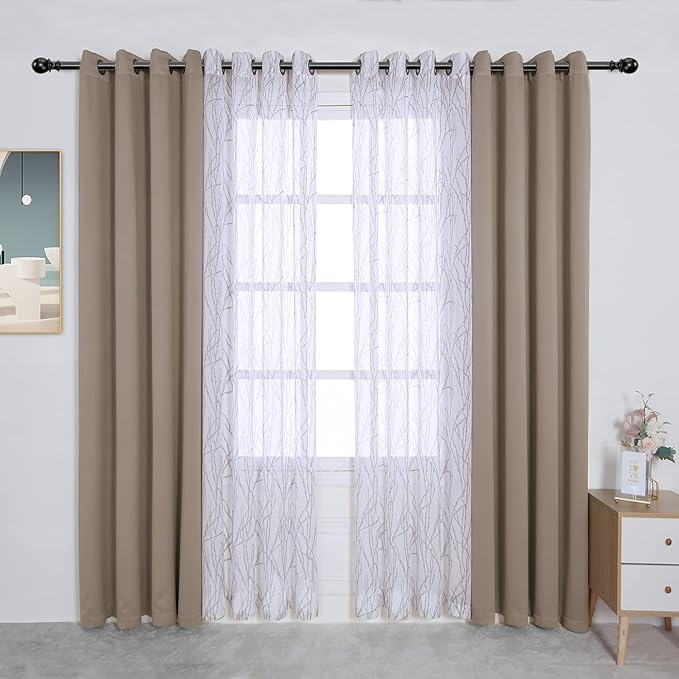 BONZER Mix and Match Curtains - 2 Pieces Branch Print Sheer Curtains and 2 Pieces Blackout Curtains for Bedroom Living Room Grommet Window Drapes, 54x84 Inch/Panel, Taupe, Set of 4 Panels