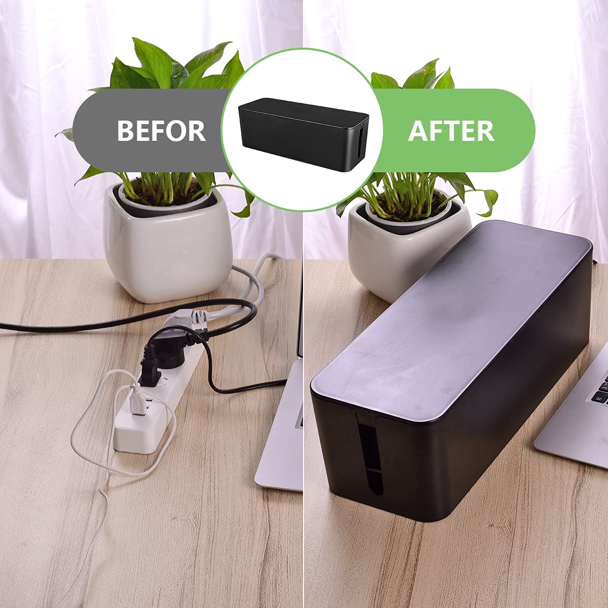 Cable Management Box, Large Cord Organizer Box to Hide Power Strip & Under Desk,TV Computer Wires Cable Organizer Hider Box with Cable Clips&Reusable Cable Ties for Home/Office(Black)
