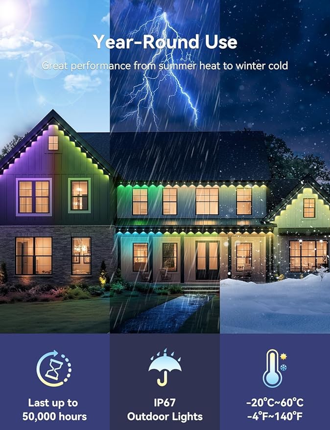 Permanent Outdoor Lights, Smart Outdoor LED String Lights,Christmas Lights RGB Color Changing,Scene Modes, IP67 Waterproof, App Control,Holiday, Party,Christmas Decorations（100FT）