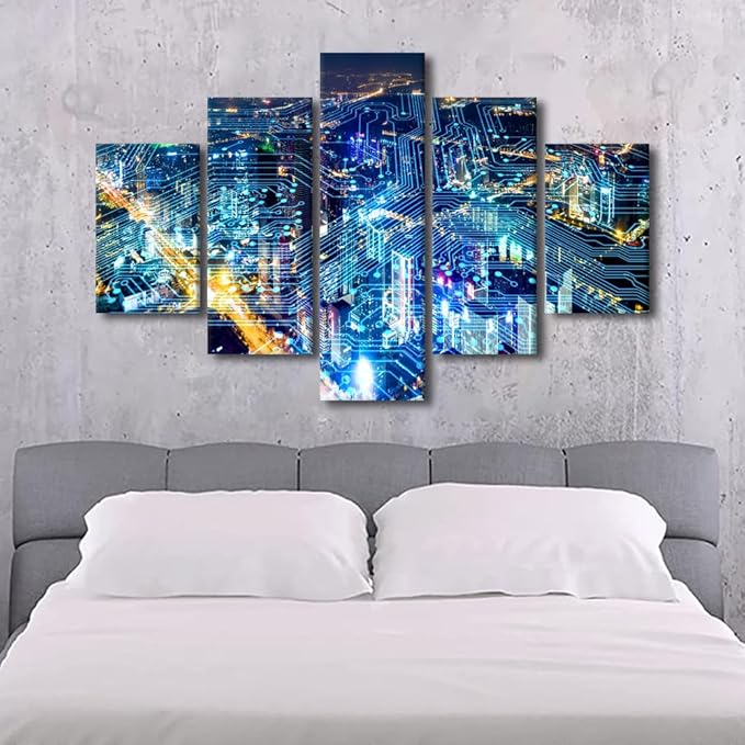 Canvas Art for Living Room Modern Internet Companies Corridor Decor 5 Panel Wall Art Internet Workers Meeting Room Wall Decoration Men Bedroom Poster Decorate Stretched Ready to Hang 60x40 Inch