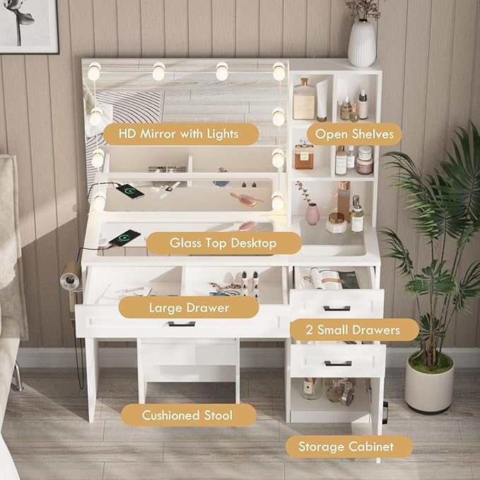 Fameill Vanity Desk with Mirror and Lights,Large Makeup Vanity with Glass top and Lots Storage,3 Drawer Vanity Set with Charging Station,3 Lighting Modes,White