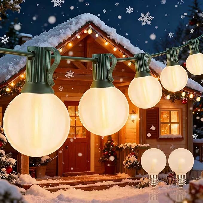 Abeja 25Ft Frosted White String Lights, G40 Globe Patio String Lights with 25 LED Frosted Bulbs(2 Spare), Vintage Backyard Patio Lights for Backyard Porch Balcony Party Wedding Umbrella-Green Wire