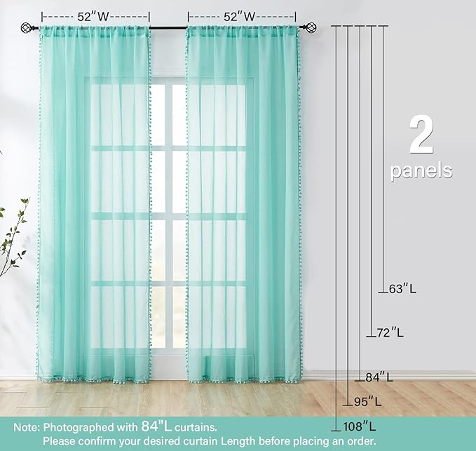 Treatmentex Pompom Sheer Window Curtains for Bedroom Aqua-Blue 95inches Length Decorative Sheer Window Drapes for Wedding Party Ceremony 52" W x 2 Panels Rod Pocket