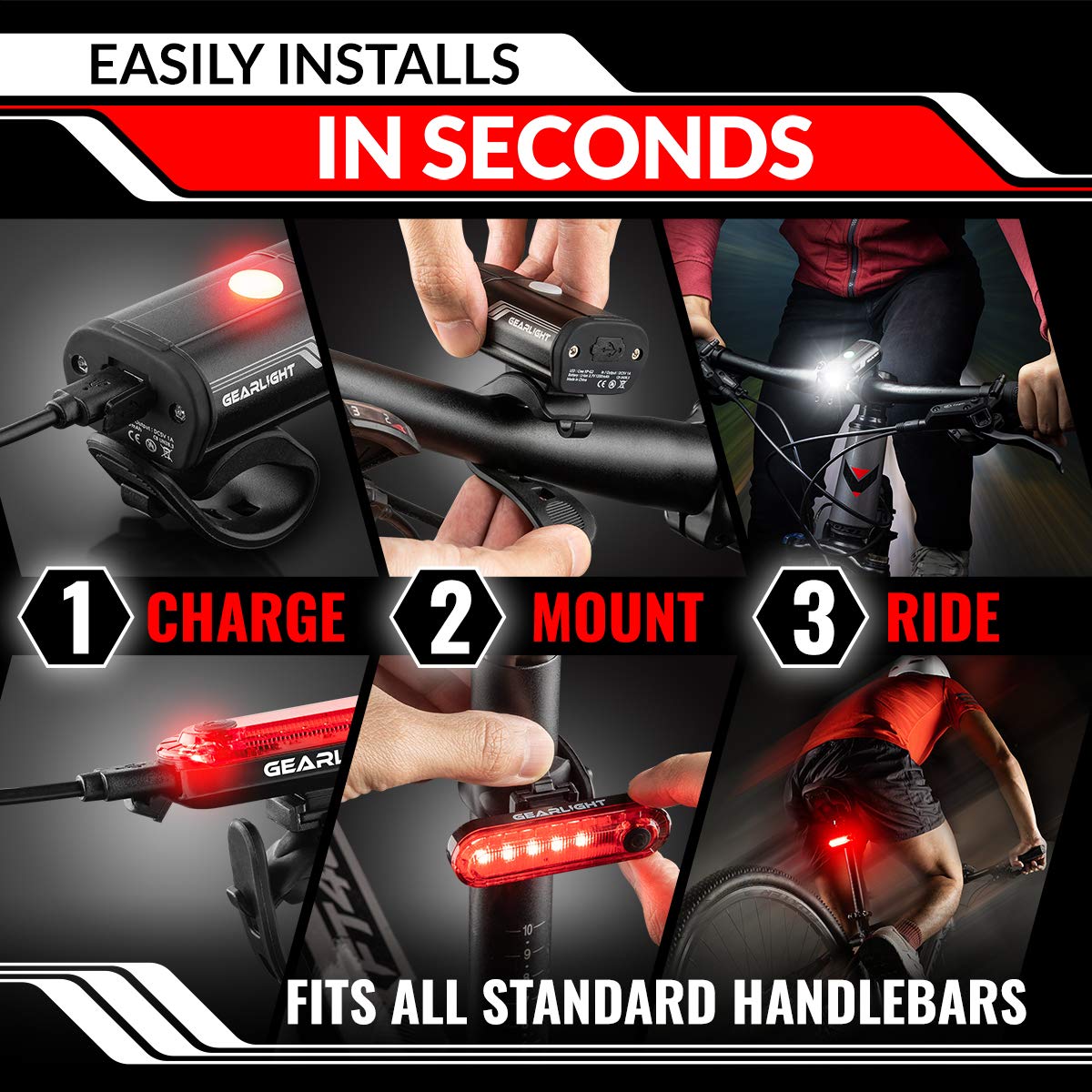 GearLight Rechargeable Bike Light, Headlight and Tail Light Set, Powerful Front and Back Lights for Night Riding Safety, Night Riding Accessories, White Elephant Stocking Stuffer for Men - Black, Red