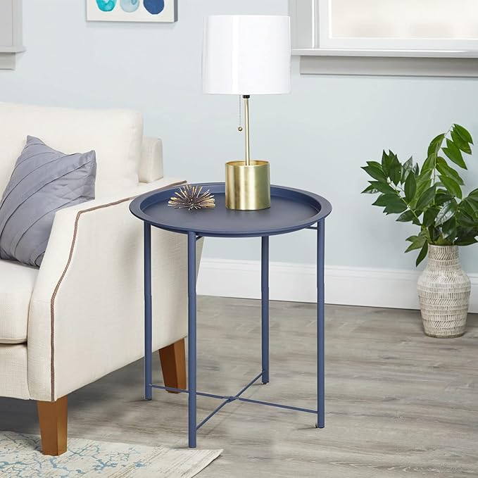 VECELO Side/End Table, Folding Round Metal Anti-Rust and Waterproof Outdoor or Indoor Tray for Living Room Bedroom Balcony and Office, 1 PCS, Blue