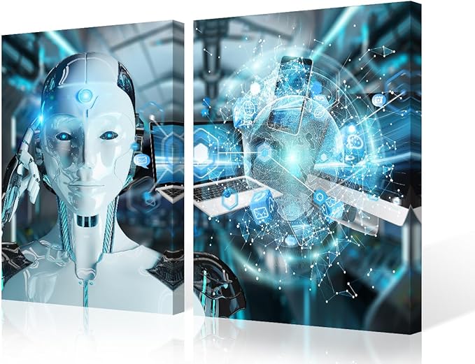 TUMOVO 3 Pieces AI Intelligence Wall Decorations for Living Room Canvas Paitings Data Analysis Home Decor Robot Artwork House Art Prints Posters and Prints Framed Ready to Hang, 24" Wx16 H