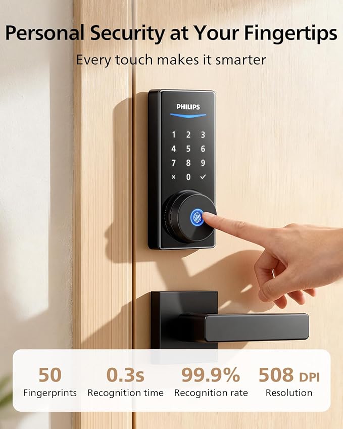 Philips Smart Door Lock with Apple Home, Matter Over Thread, Keyless Entry Door Lock with App Remote Control, Touchscreen Fingerprint Front Door Lock Set, Deadbolt Lock with Apple Home, Alexa, Google