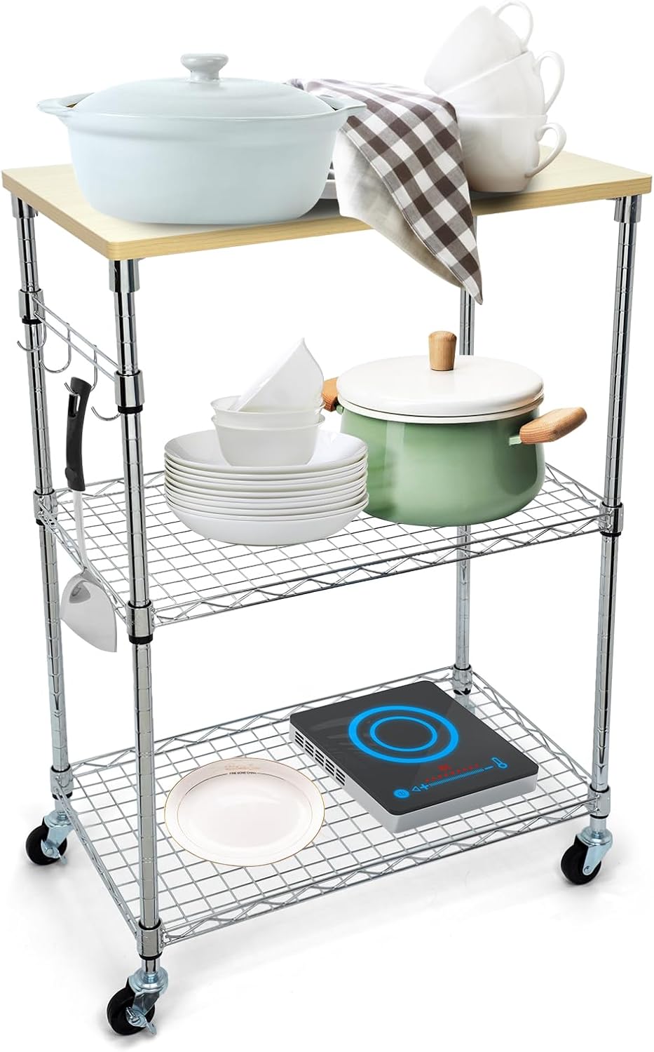 Chrome 3-Tier Rolling Kitchen Cart with Wheels 14" D x 24" W x 34" H and Wood Board Tabletop and 4 Hooks, 300 Pound Capacity, Great for Coffee Cart, Food Service Cart or Utinity and More.