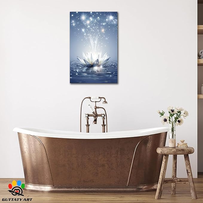 Zen White Lotus Flower Canvas Wall Art, Water Lily Bloom Picture, Lotus Flower Canvas Art Print, Calm Relax Poster, Meditation Spiritual Zen Flower Print for Yoga Spa Spiritual Room 18x24 inch