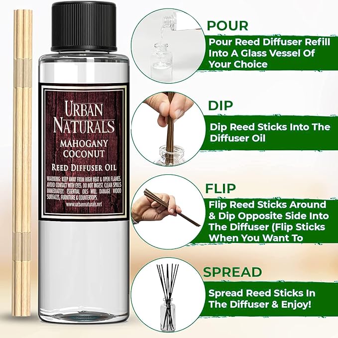 Urban Naturals Reed Diffuser Oil Refill, Mahogany Coconut Diffuser Oils with Sandalwood, Coconut, Oakmoss, 4 oz + Free Reed Sticks, Made in the USA
