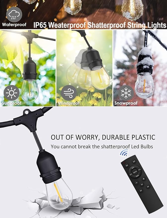 150FT String Lights for Outside Remote Controlled Waterproof with 48pcs Replaceable S14 Warm Bulbs for Patio, Gazebo, Pergola, Backyard Bistro Lights, 2200K, Linkable, 1-Pack