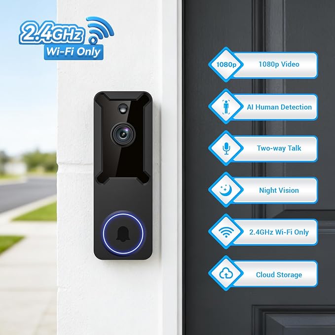 1080p Wireless Wi-Fi Video Doorbell Dome Cameras with AI Human Motion Detection, Battery Powered, 2.4G WiFi, Night Vision, 2 Way Talk, Cloud Storage (Sold Separately)